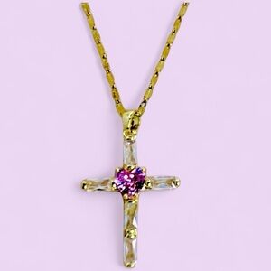 Cross Natural Clear Crystal With A Pink Heart Gold Tone Necklace